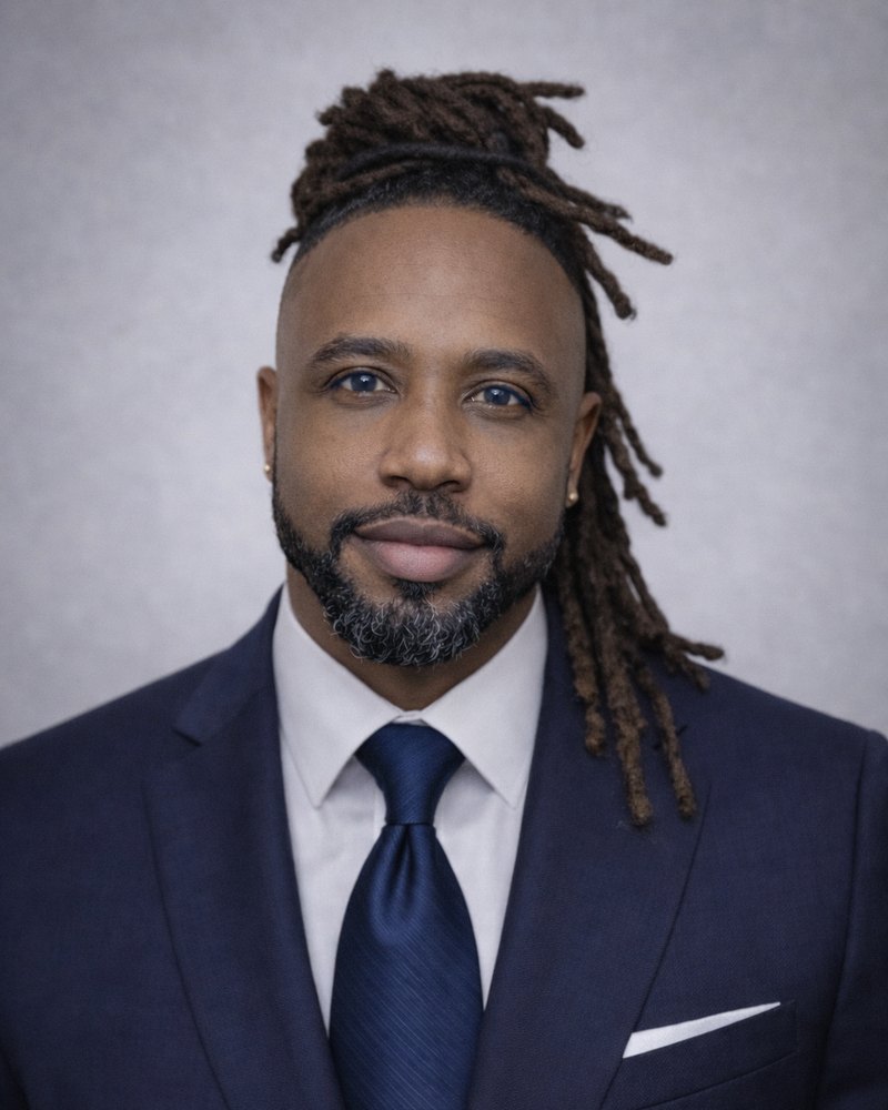 Keiron Phillips, a Black man with long locs pulled back from his face, in a navy suit, white shirt and navy tie, looking straight at the camera against a pale grey studio backdrop.