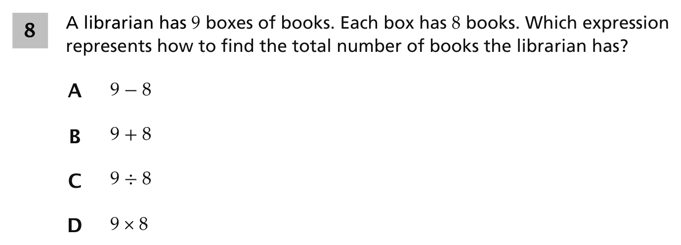 NYS 2024 released Grade 3 item: a librarian has 9 boxes of books, each box has 8 books, which expression represents the total number of books, choices A through D.