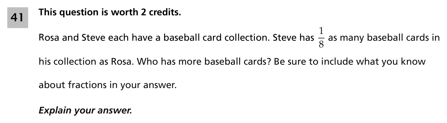 NYS 2024 released Grade 5 constructed-response item: Rosa and Steve each have a baseball card collection, Steve has one-eighth as many baseball cards as Rosa, who has more baseball cards, explain your answer using what you know about fractions.