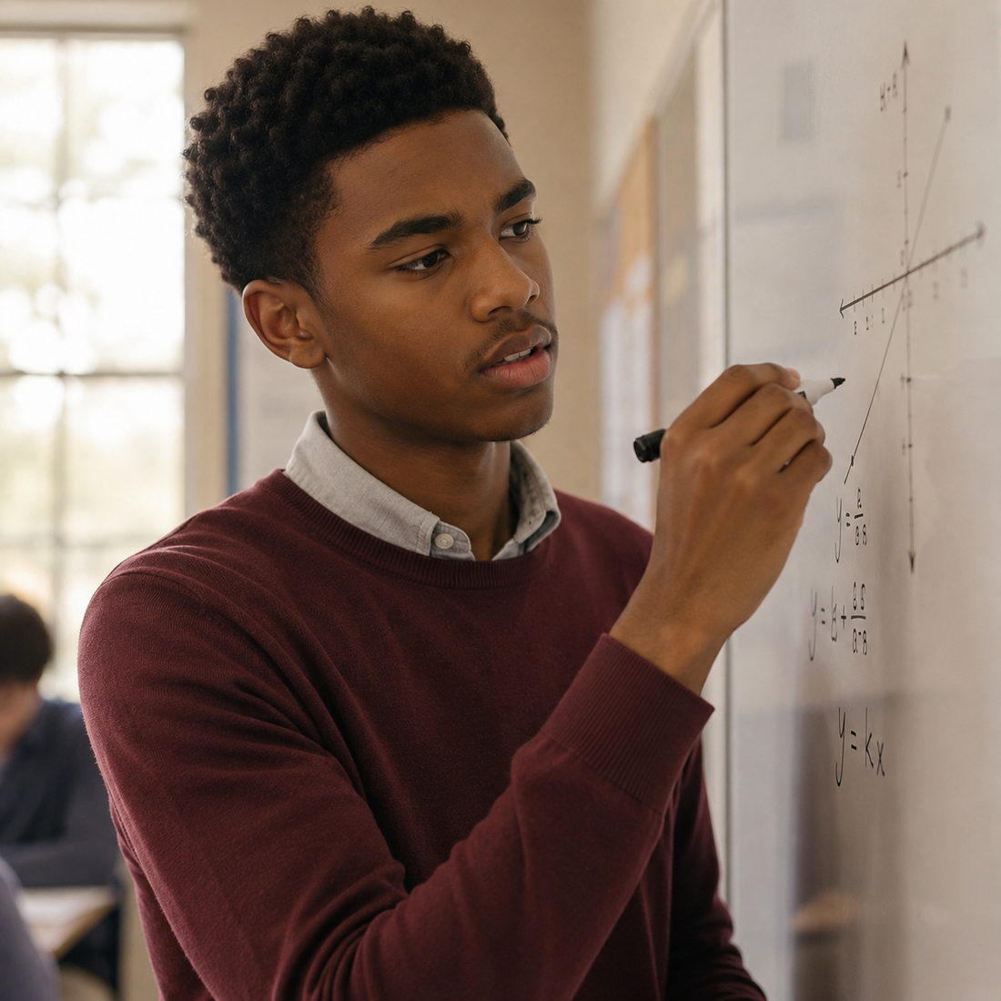 Salih in Algebra I, pen in hand over a page of equations, holding on a word problem before he writes.