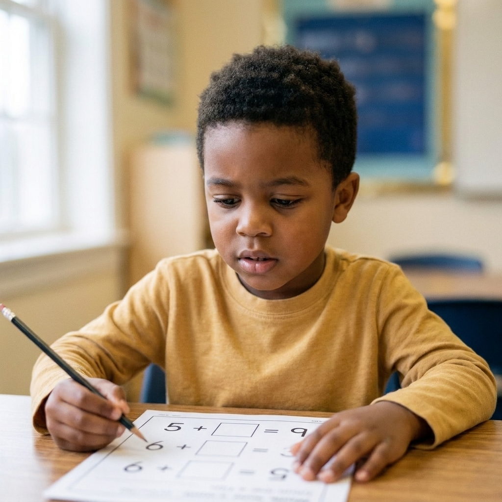 Salih in first grade at his desk, pencil in hand, looking steadily at a worksheet with an addition sentence on it.