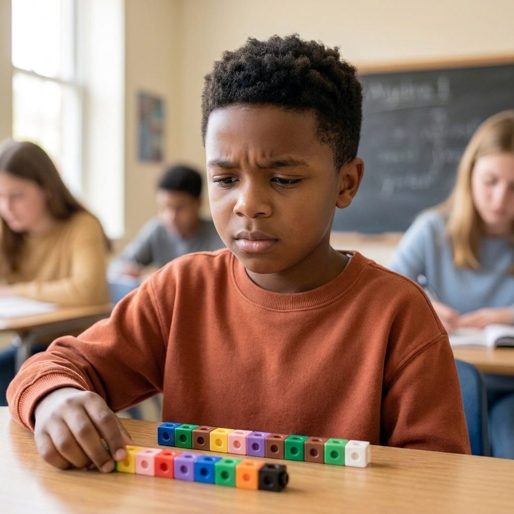 Salih in third grade, concentrating on a row of linking cubes he has lined up along his desk.