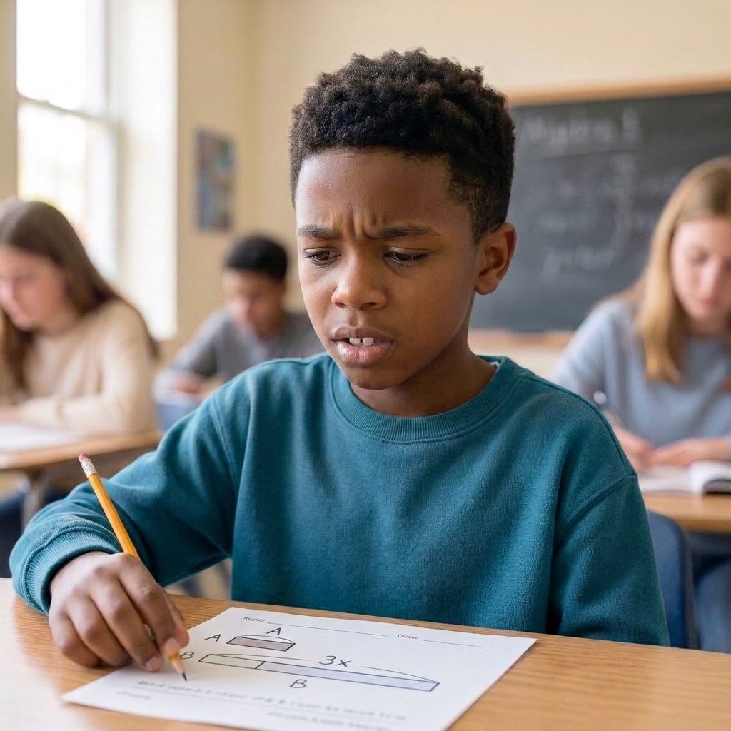Salih in fourth grade at a classroom desk, pencil poised over a word problem, reading the question closely.