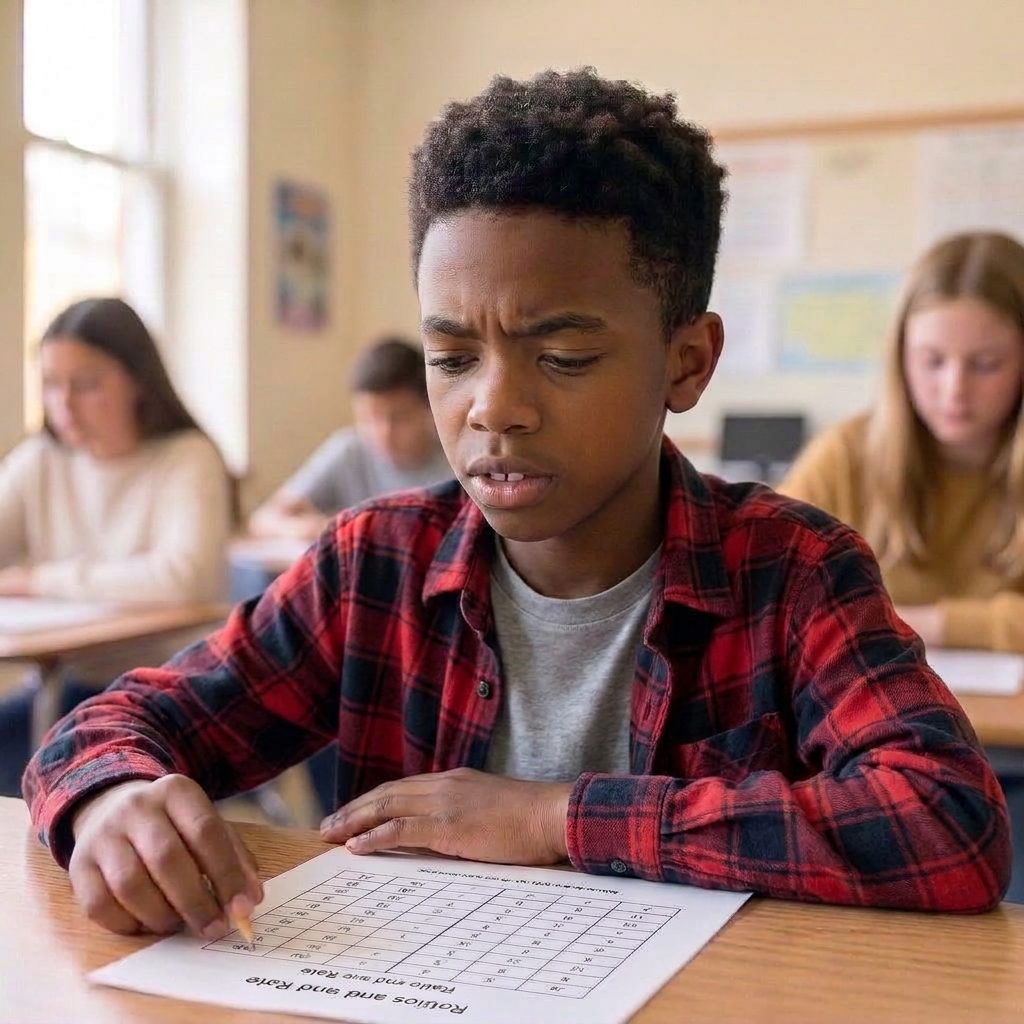 Salih in sixth grade, sitting up at his desk with his notebook open, thinking through a written-response question.