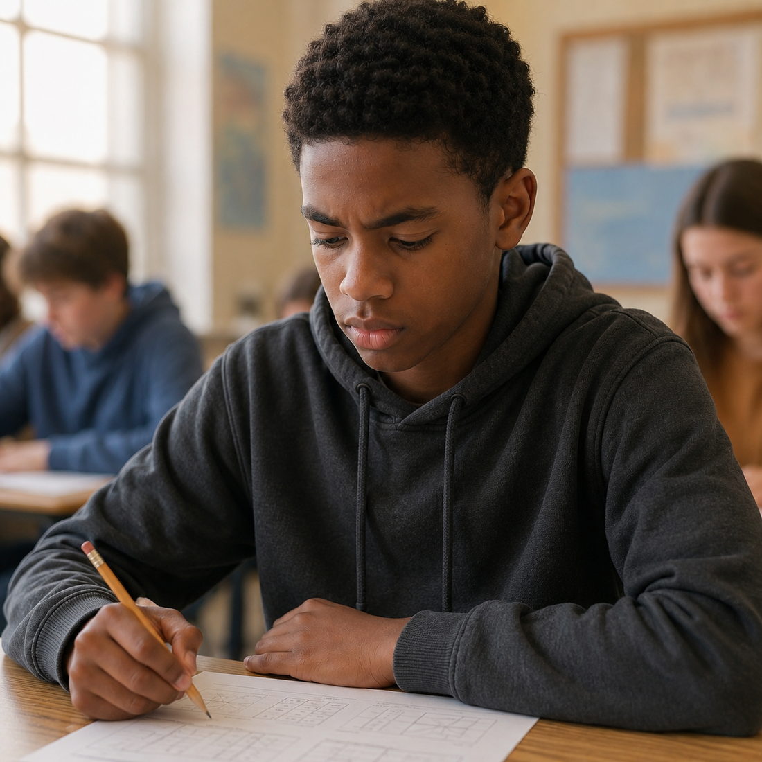 Salih in seventh grade, working steadily through a proportion problem, his notebook covered in worked steps.