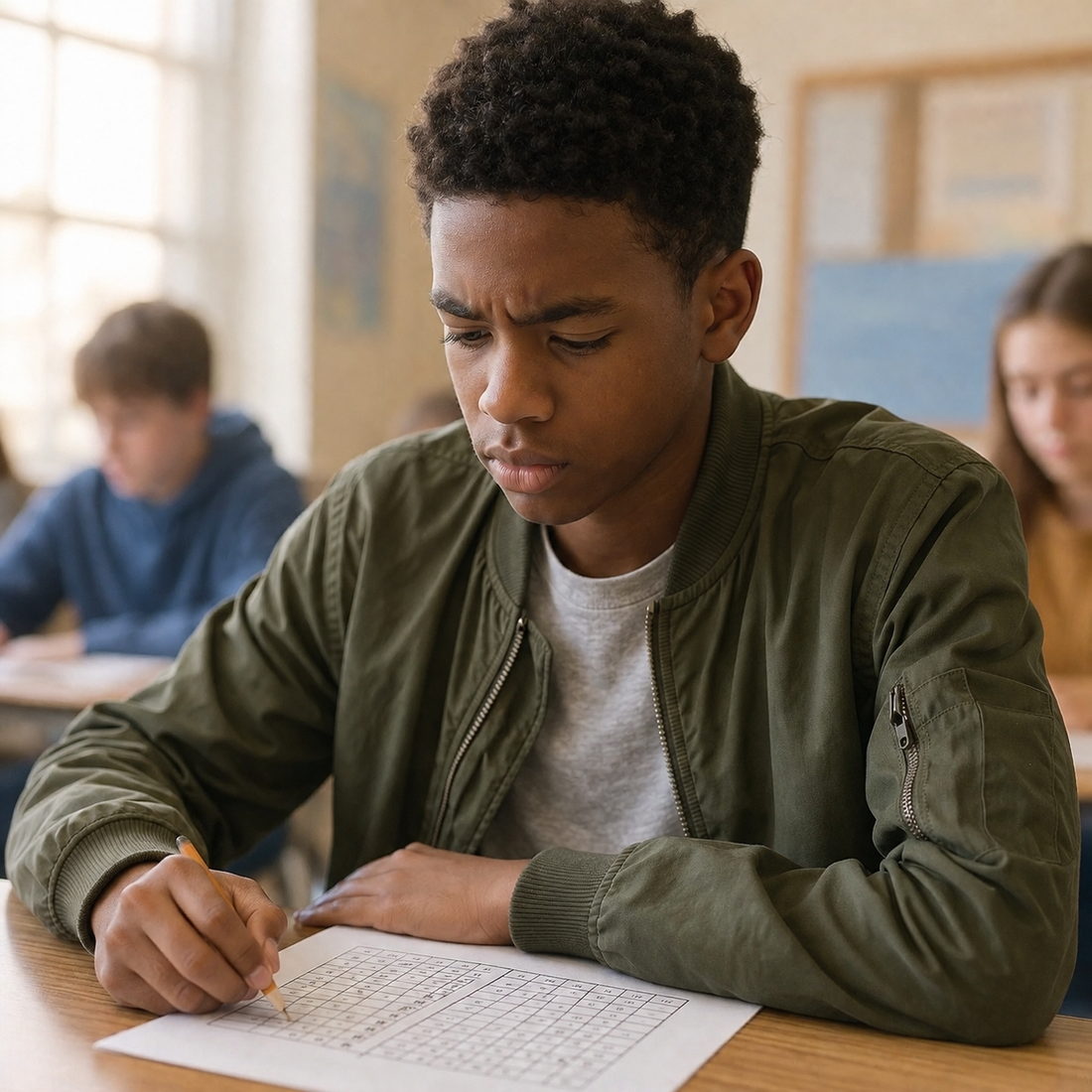 Salih in eighth grade, studying a coordinate graph on the page in front of him with his pencil held still.