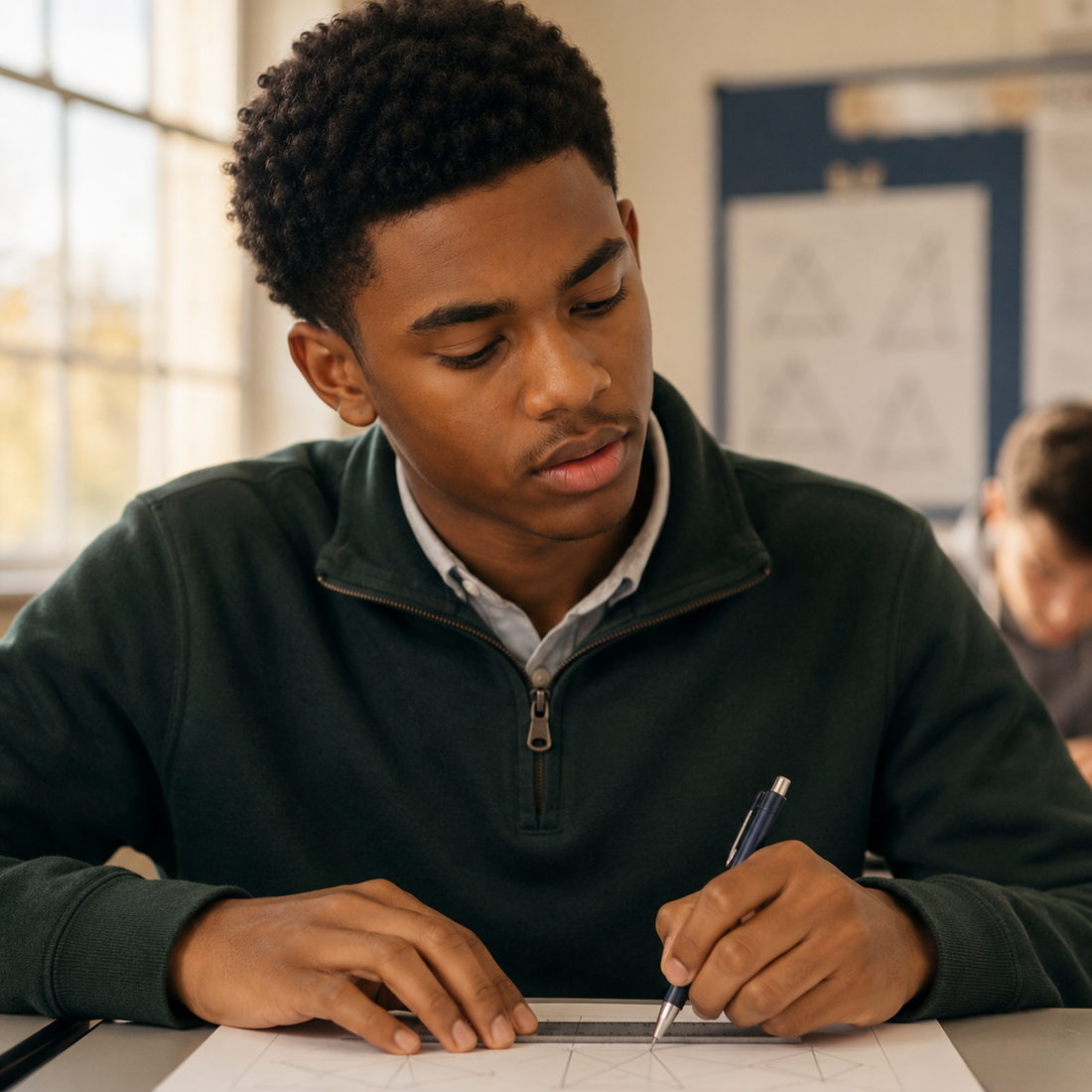 Salih in high school Geometry, drafting a figure with a straightedge, working with care and precision.