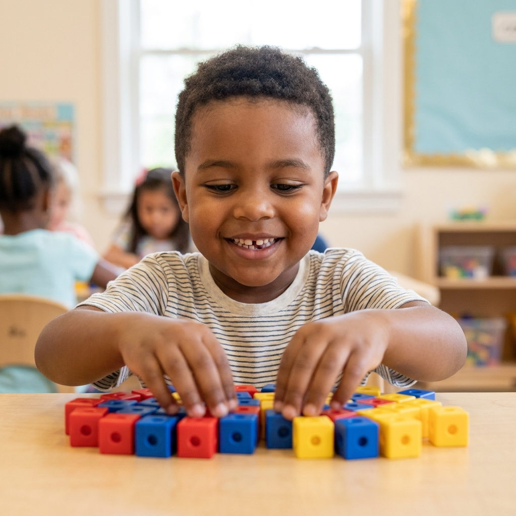 Salih in Kindergarten, sitting at a classroom table and pushing counting blocks together with both hands.